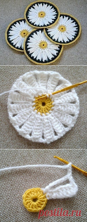 Освежить любимую кухню яркими подставками под горячее в виде солнечных ромашек.