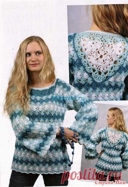 . Трехцветный пуловер с треугольной ажурной вставкой на спинке и расклешенными рукавами. - Все в ажуре... (вязание крючком) - Страна Мам