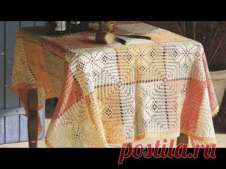 ТРЕХЦВЕТНАЯ СКАТЕРТЬ КРЮЧКОМ ИЗ БОЛЬШИХ КВАДРАТОВ. ЧАСТЬ 2