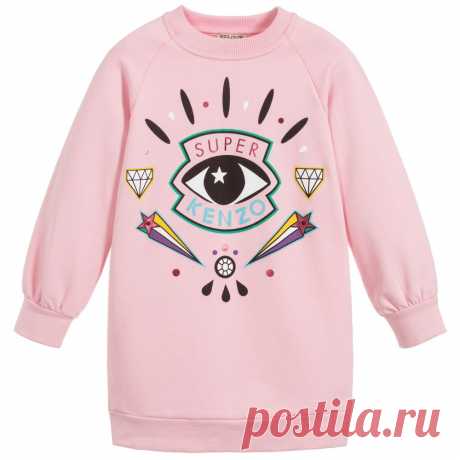Girls Pink Cotton Dress Girls pink sweatshirt dress by Kenzo Kids. Made in a comfortable cotton jersey blend with a soft fleece underside, it has a rubberised Iconic Eye print on the front. 

