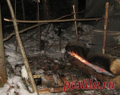 Ночлег под заслоном с костром «нодья»