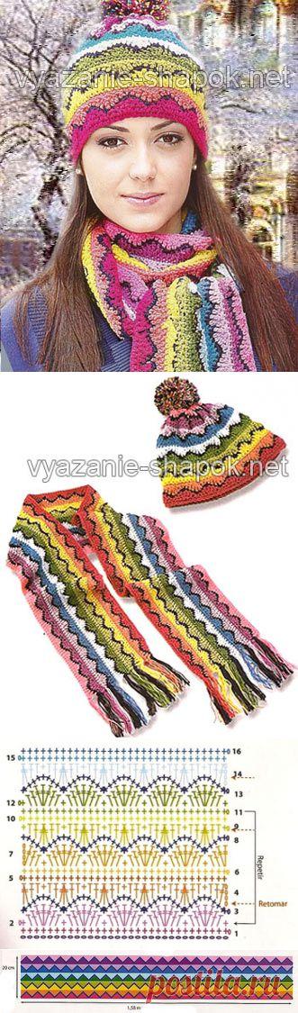 Ажурная вязаная шапка на 2014 год с помпоном, в комплекте с шарфом | ВЯЗАНИЕ ШАПОК: женские шапки спицами и крючком, мужские и детские шапки, вязаные сумки
