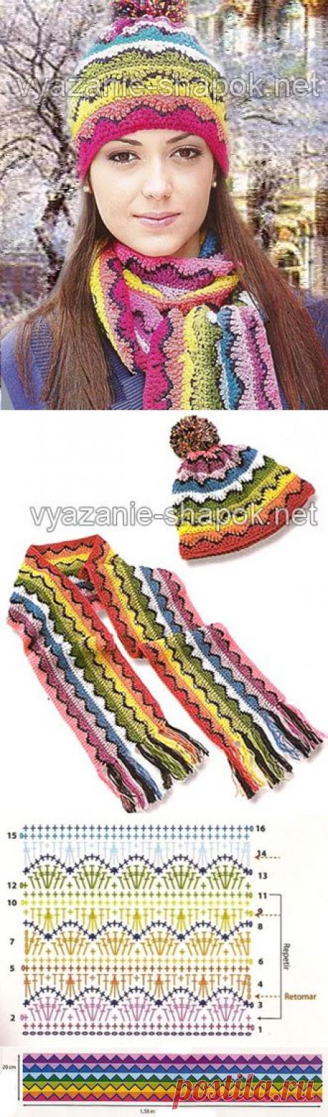 Ажурная вязаная шапка на 2014 год с помпоном, в комплекте с шарфом | ВЯЗАНИЕ ШАПОК: женские шапки спицами и крючком, мужские и детские шапки, вязаные сумки