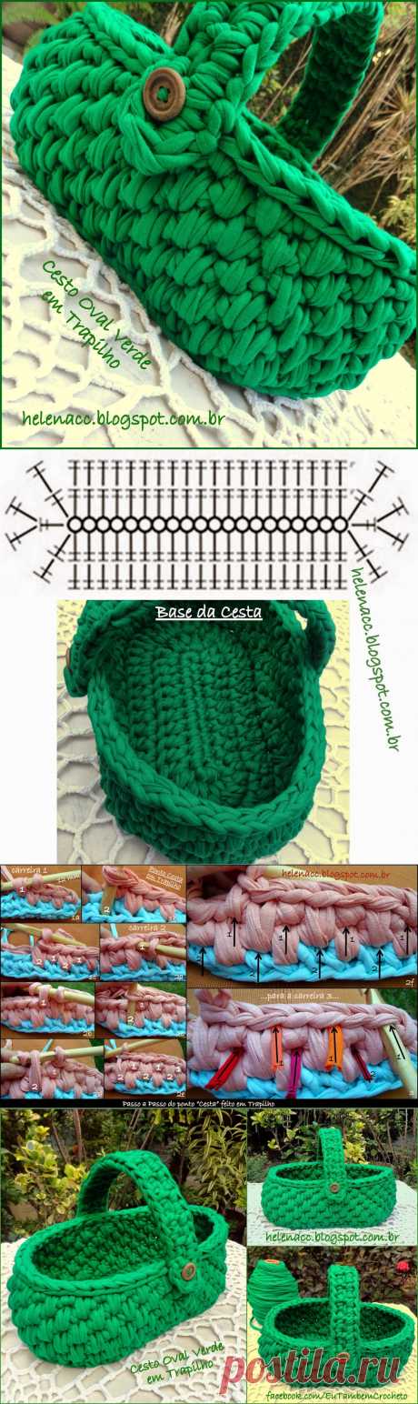EU TAMBÉM CROCHETO...: Cesto Verde de Trapilho em Ponto &quot;Cesta&quot;