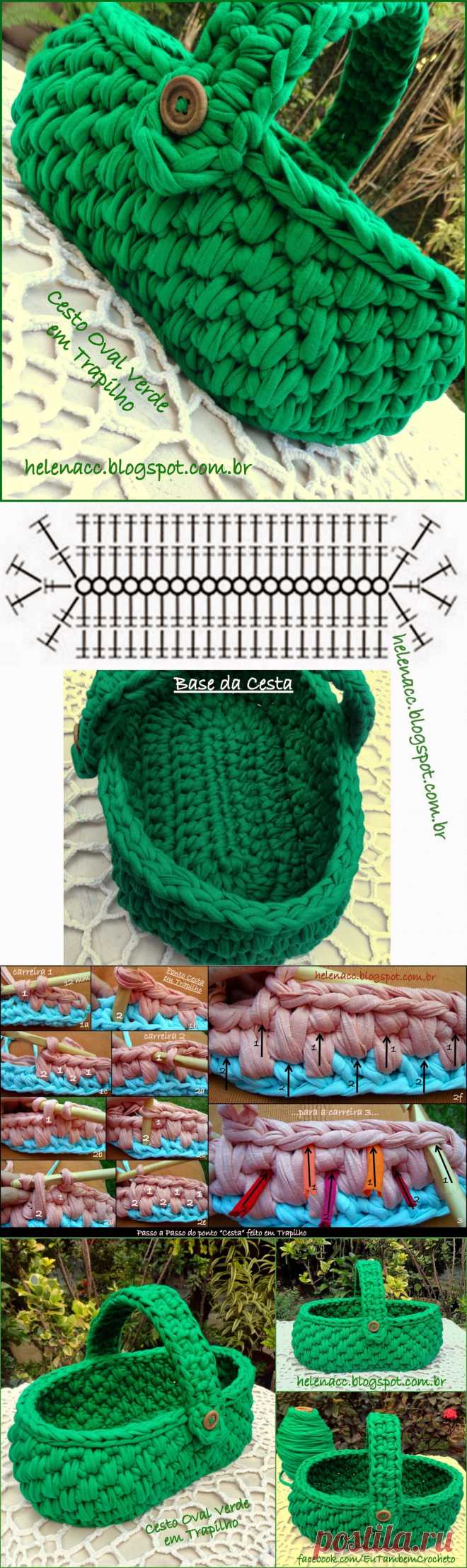 EU TAMBÉM CROCHETO...: Cesto Verde de Trapilho em Ponto "Cesta"