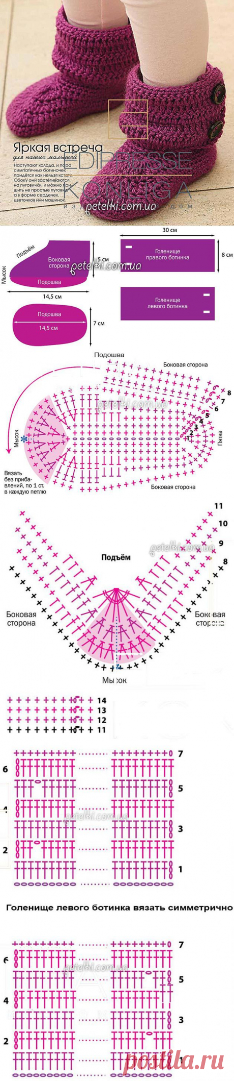 Детские домашние ботиночки/ пинетки-сапожки крючком. МК, описание вязания, схемы