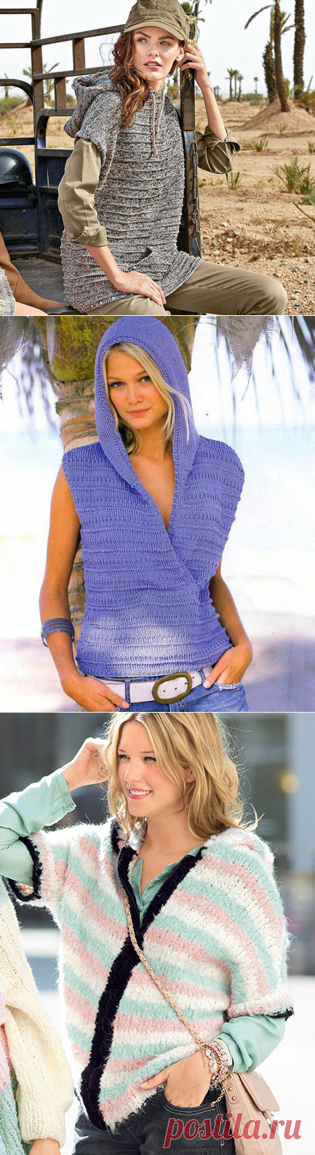 Женские безрукавки с капюшоном спицами – 6 схем вязания с описанием