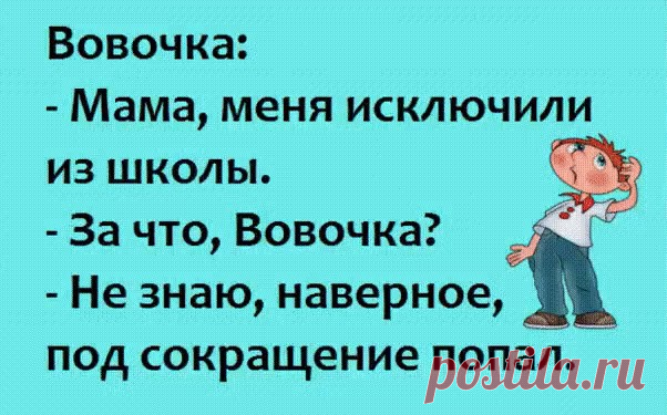 Анекдоты: -Вовочка, учеников не сокращают, а жаль.
Здравствуйте уважаемые читатели. Анекдоты про Вовочку. Старые и совсем новые. ********* С Яндекс картинки -Вовочка, ты с Пашей дружишь? -Конечно, минимум три раза в неделю. Этот как, Вовочка? Почему не каждый день? -А чаще контрольные и диктанты мы не пишем. ********** -Вовочка, почему у тебя в тетради, все листы в жирных пятнах? -Это я мамины […]
Читай пост далее на сайте. Жми ⏫ссылку выше