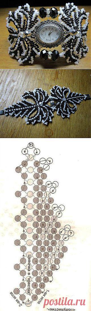 Красивый браслетиз бисера для любимых часиков. Схема.