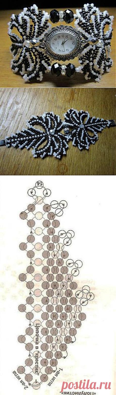 Красивый браслетиз бисера для любимых часиков. Схема.