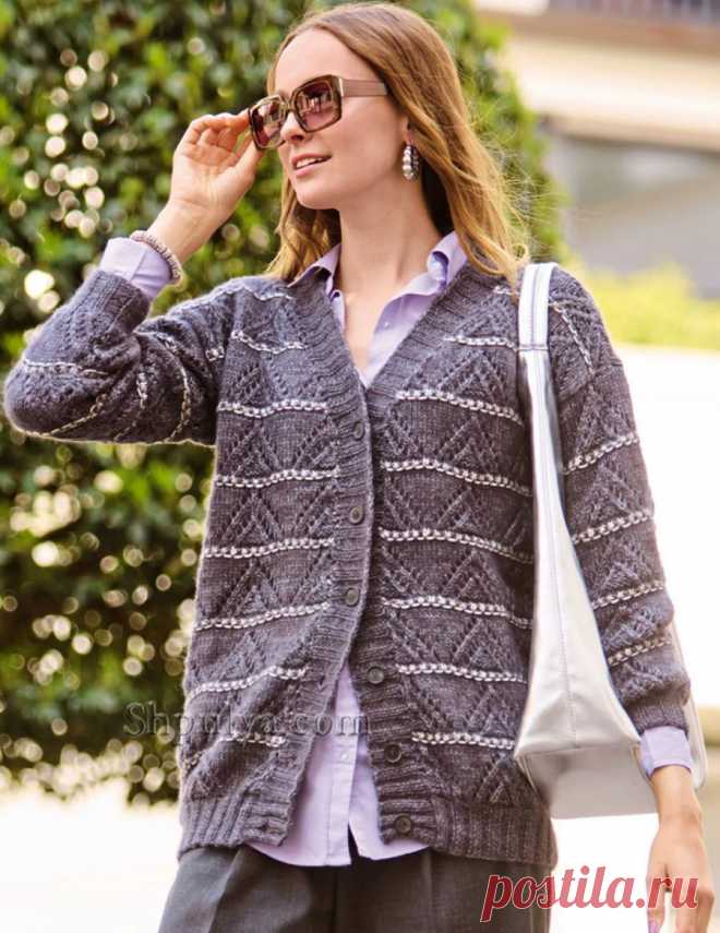 Серый вязаный кардиган с ажурным узором — Shpulya.com - схемы с описанием для вязания спицами и крючком