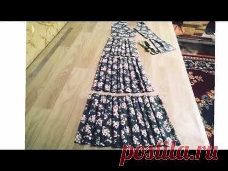 Трёхярусное длинное платье✂️ удобный крой на ткани  Уч ярусли кўйлак бичиш энг осон тез бичилиши