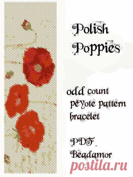 Peyote Pattern for bracelet: Polish Poppies - INSTANT DOWNLOAD pdf Peyote bracelet pattern made with Delica 11 whose colours you can easily change to any kind of cylinder or seed beads size 11. Width: 5,2cm/2,6 Length: 17,5cm/7,5 Colors: 10 Stitch: one-drop odd peyote stitch  SENDING / RECEIVING:  Instant Download! The file / link will be sent to your Etsy