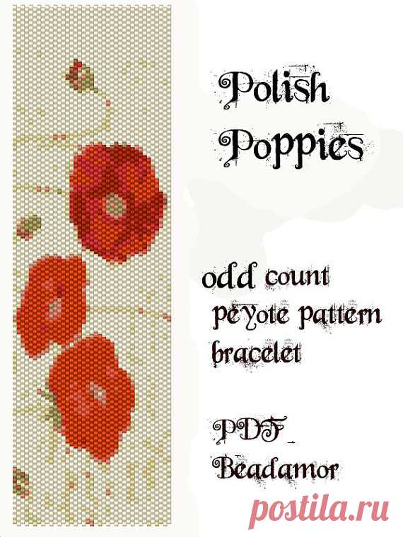 Peyote Pattern for bracelet: Polish Poppies - INSTANT DOWNLOAD pdf Peyote bracelet pattern made with Delica 11 whose colours you can easily change to any kind of cylinder or seed beads size 11. Width: 5,2cm/2,6 Length: 17,5cm/7,5 Colors: 10 Stitch: one-drop odd peyote stitch  SENDING / RECEIVING:  Instant Download! The file / link will be sent to your Etsy