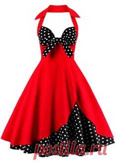 $19.92 Halter Vintage Polka Dot Dress - Red