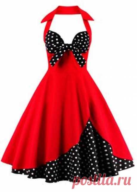 $19.92 Halter Vintage Polka Dot Dress - Red