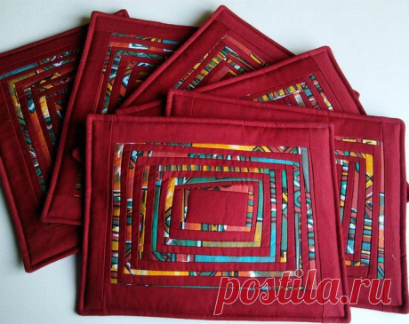 Quilted Patchwork Place Mats Set of 6 - Red Green Orange Placemats