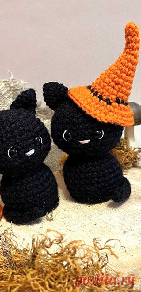 PDF Чёрный Кот крючком. FREE crochet pattern; Аmigurumi animal patterns. Амигуруми схемы и описания на русском. Вязаные игрушки и поделки своими руками #amimore - маленький котик на Хэллоуин, котёнок, кот, кошечка, кошка.