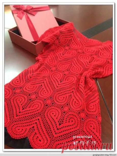 Вязание со схемами. Красное &quot;сердечное&quot; платье!
