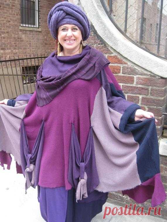 UPCYCLED Lagenlook 2pieces set tunic and skirt Stunning 2 pieces set: one size fits all tunic and asymmetrical skirt. Made with cotton knit and jersey knit fabrics. Gorgeous combination of purple, lavender, fuschia, plum and dark blue colors. Tunic has 2 pseudo pockets on both sides and wide collar. Skirt can fit from Small to X-Large size, has elastic waist and stretches from 13.5 inches to 46-48 inches. Tunic can fit any size and looks gorgeous on any size. The model on ...
