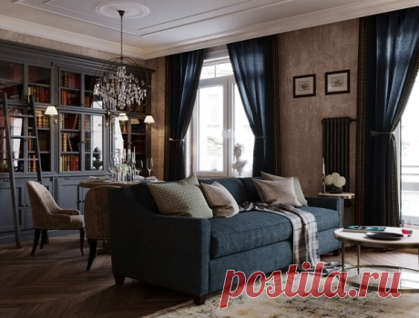 Проект студии в Питере, дизайнер Арина Волкова &quot;В одной комнате совместили 4 зоны: компактная кухня за стеклянной перегородкой, зона столовой и библиотеки, где на мягких стульях можно не только провести время в компании за ужином,но и почитать в дневное время, удобно расположившись у окна.&quot; Посмотреть целиком: