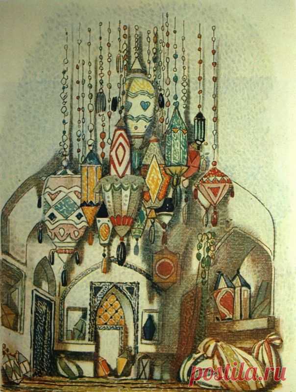 149. Бакст Лев «Набросок эскиза для декорации к спектаклю «Алладин» 1919 Бумага, графитный карандаш, акварель