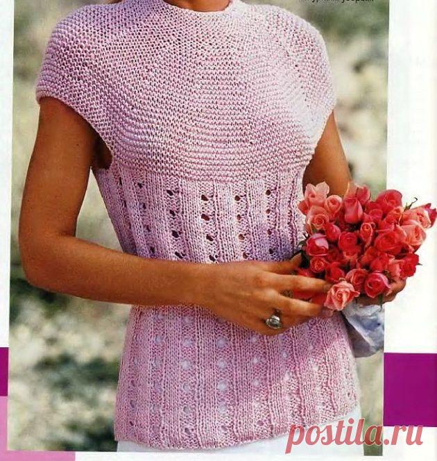 Летний пуловер с круглой кокеткой. Вяжется снизу вверх