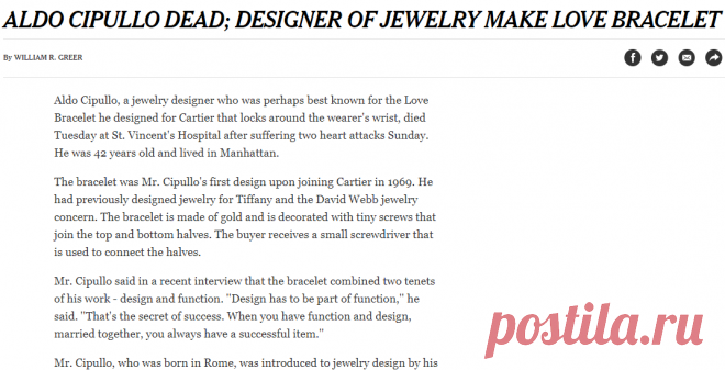 ALDO CIPULLO DEAD; DESIGNER OF JEWELRY MAKE LOVE BRACELET - The New York Times