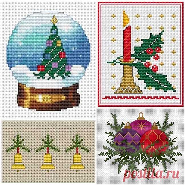 Новогодняя вышивка крестом. Схемы Ещё несколько небольших схем для тех, кто хочет успеть сделать новогоднюю вышивку. Темы дизайнов традиционны: снежный шар с новогодней ёлочкой, рождественская свеча с остролистом, колокольчики, и конечно, яркие ёлочные шары. Схемы новогодней вышивки крестом отлично подойдут для украшения подарочных мешочков, создания пинкипов, оформления новогодних открыток своими руками.