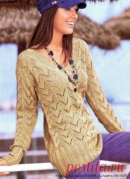 Удлиненный пуловер с ажурным зигзагом и широкой планкой.

Описание: http://www.liveinternet.ru/users/3803925/post387510682/