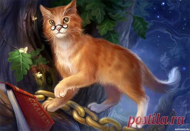 Рыжий учёный кот ходит по золотой цепи — Арт картинки