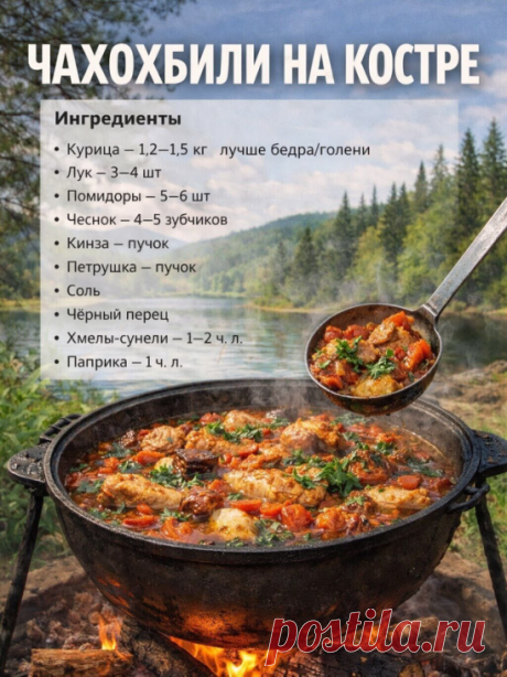ЧАХОХБИЛИ НА КОСТРЕ
1. Курицу обжарьте в казане без масла до румяности.
2. Добавьте много нарезанного лука, тушите 10 минут.
3. Добавьте помидоры и чеснок.
4. Посолите, поперчите, добавьте паприку и хмели-сунели.
5. Тушите под крышкой 30–40 минут в собственном соку.
6. В конце добавьте кинзу и петрушку.