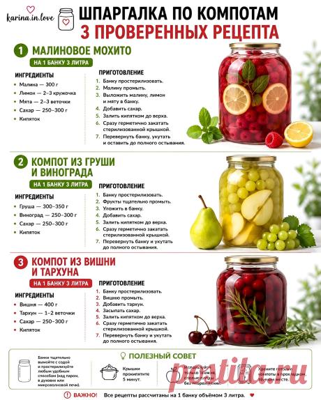 Малиновое мохито. Компот из груши и винограда. Компот из вишни и тархуна