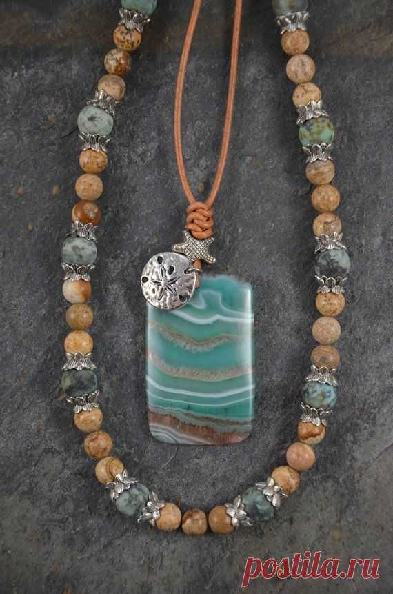 Artisan Necklace Set with Druzy Agate Pendant on Genuine Leather and Companion Strand of Picture Jasper and Matte African Turquoise