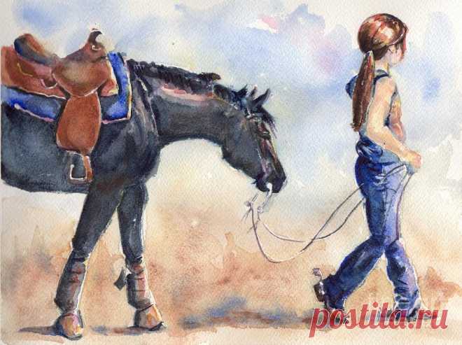 Black Horse and Cowgirl Follow Closely by Maria Reichert Black Horse and Cowgirl Follow Closely Painting by Maria Reichert