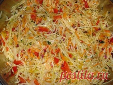 Быстропоедаемый овощной салат

Очень вкусно! Этот салат, 
действительно, быстропоедаемый. Идёт в любом сезоне года. Готовится 
очень просто. Очень красивый даже на вид. Знакомьтесь с рецептом.

Ингредиенты:

300 г белокочанной капусты
2 стручка сладкого перца
2 зубчика чеснока
1 луковица
2 помидора
20 г зелени петрушки
50 г ядер грецких орехов
1 щепотка сахара
1 чайн. ложка горчицы
3 ст. ложки растительного масла
соль

Капусту
мелко нашинковать. Сладкий перец, удалив семен...