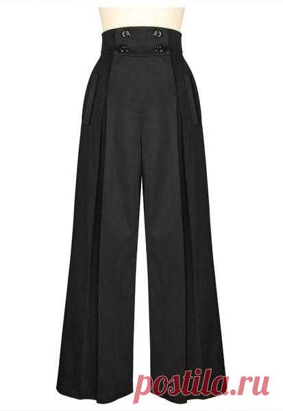 Vintage Wide Leg Pants Look hip in these pleated wide-leg retro inspired pants! These high waisted pants have four buttons on the front that function for the opening, with convenient real front and back pockets.     Available in dark khaki and black. Standard size approx. length: 44 inches; Plus size approx. length: 48 inches. Made of Sateen