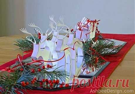 Северные олени и сани с новогодними подарками из бумаги. Шаблоны.