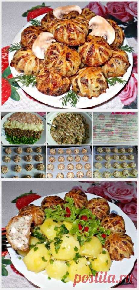 Как приготовить клубочки из слоеного теста с куриным фаршем,грибами и рисом - рецепт, ингридиенты и фотографии