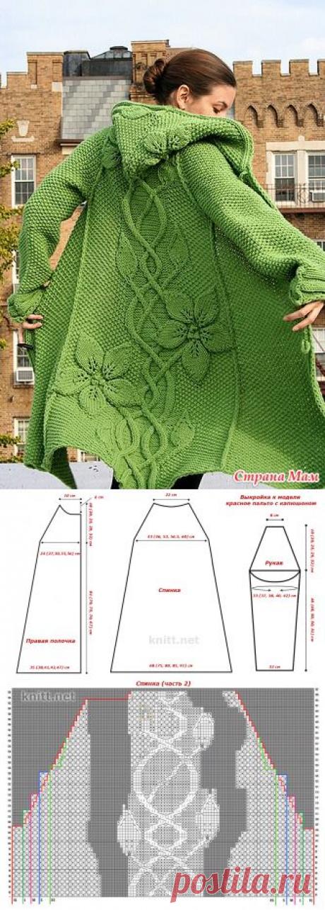 Вязаное пальто с капюшоном с крупным рисунком - Рукоделие