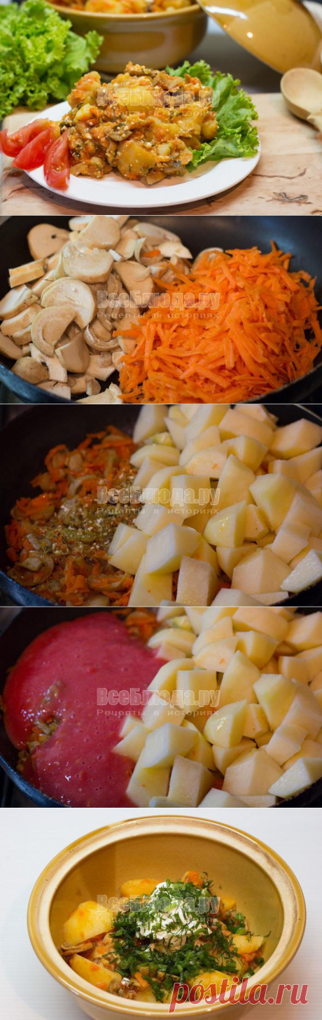 Как приготовить картошку с грибами в горшочке, тушеную в духовке со сметаной, рецепт с фото | Все Блюда