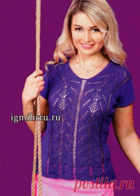 АЖУРНЫЙ ТОП МОДНОГО ФИОЛЕТОВОГО ЦВЕТА. Вязание спицами