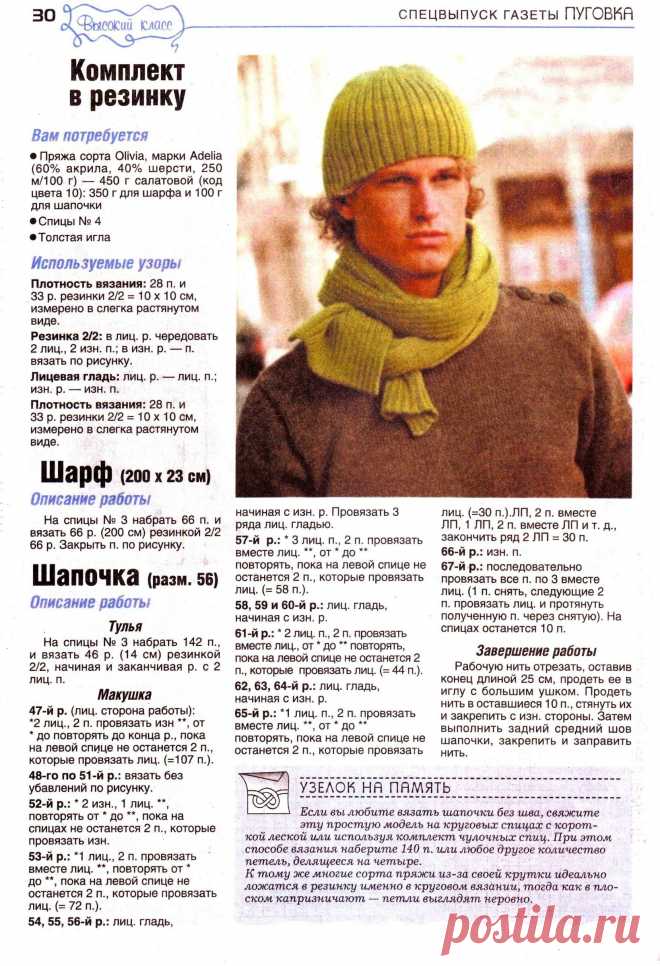 Шапочка и шарф в резинку для мужчины