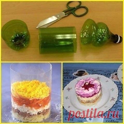 Форма для выкладывания гарнира 
У шеф-поваров есть формы для выкладывания гарнира и салата. Дома форму можно сделать из пластиковой бутылки.


