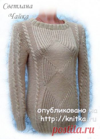 Женский джемпер Sand спицами. Работа Светланы Чайка,  Вязание для женщин Женский джемпер связан спицами № 4.5 из нежной мериносовой шерсти метраж : 100 гр. 200 мт. Расход на 44 размер 570 гр. Прямой силуэт, втачной рукав. Свитер