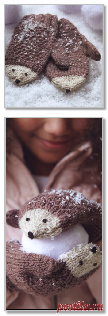 Вязание спицами. Описание женской модели со схемой и выкройкой. Двухцветные детские варежки с декором Ежик. Размеры: на 7-10 лет