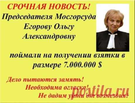 СРОЧНАЯ НОВОСТЬ!
 Председателя Мосгорсуда Егорову Ольгу Александровну поймали на взятке в размере 7.000.000$
 Дело пытаются замять!
 Необходима огласка!
 Не дадим уйти от возмездия!