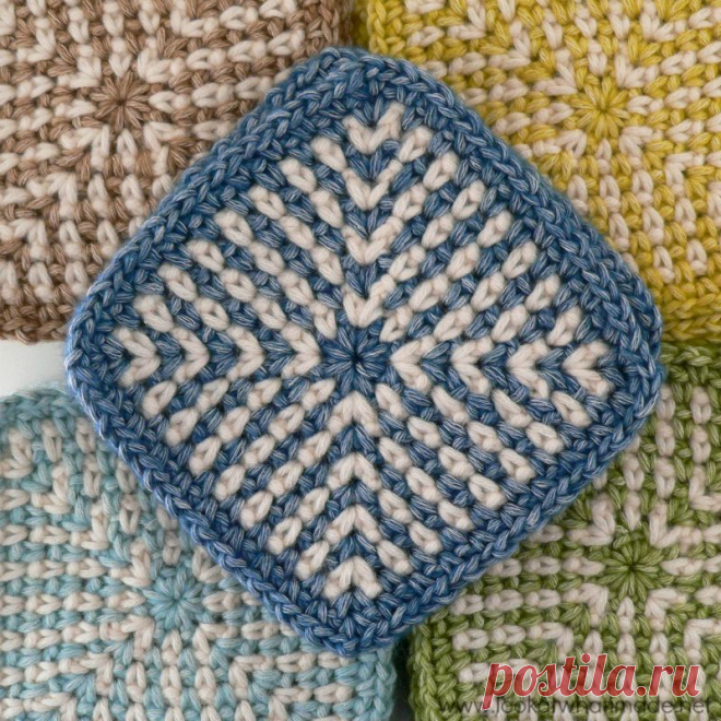 Two-Colour Linen Stitch Square – Look At What I Made I loved making these linen stitch squares for my linen stitch manghan. They work up quite quickly and there are only 4 tails to sew away!
