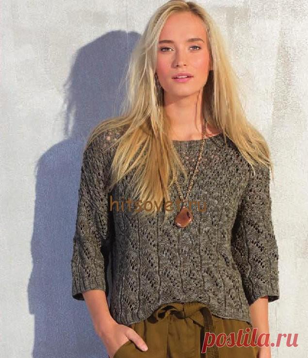 Джемпер женский спицами - Хитсовет Джемпер женский спицами. Модный джемпер для женщин сезона 2016 с красивыми узорами. Для вязания этой модели Вам потребуется 350 (400) 500 грамм оливковой пряжи секционного крашения, состоящей из 100% хлопка; длиной нити 125 метров в 60 граммах; спицы № 4; круговые спицы № 4.