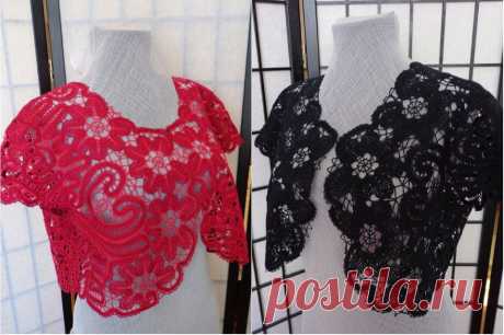 Болеро &quot;Ночь &quot; алого и чёрного  цвета сплетены на коклюшках,с коротким рукавом .Нитки хлопок красного и чёрного  цвета.